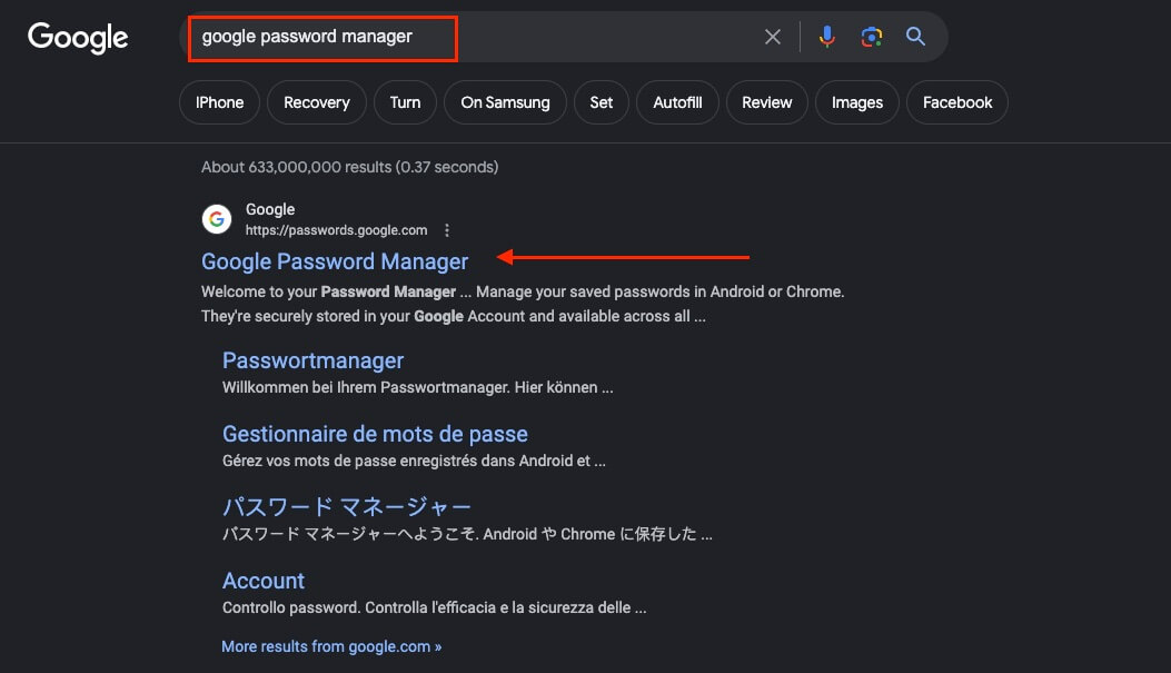 Google Password Manager search result.