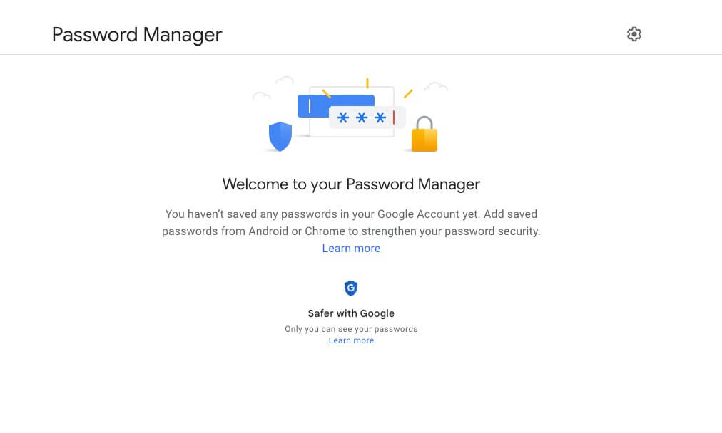 Google Password Manager showing no saved passwords.