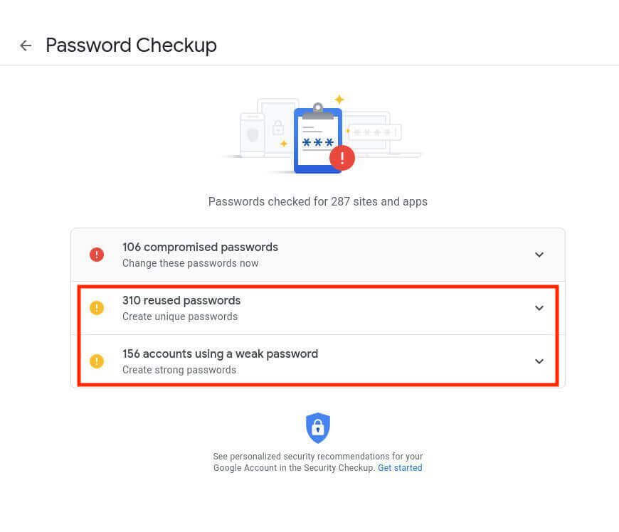 Google password checkup showing number of reused passwords