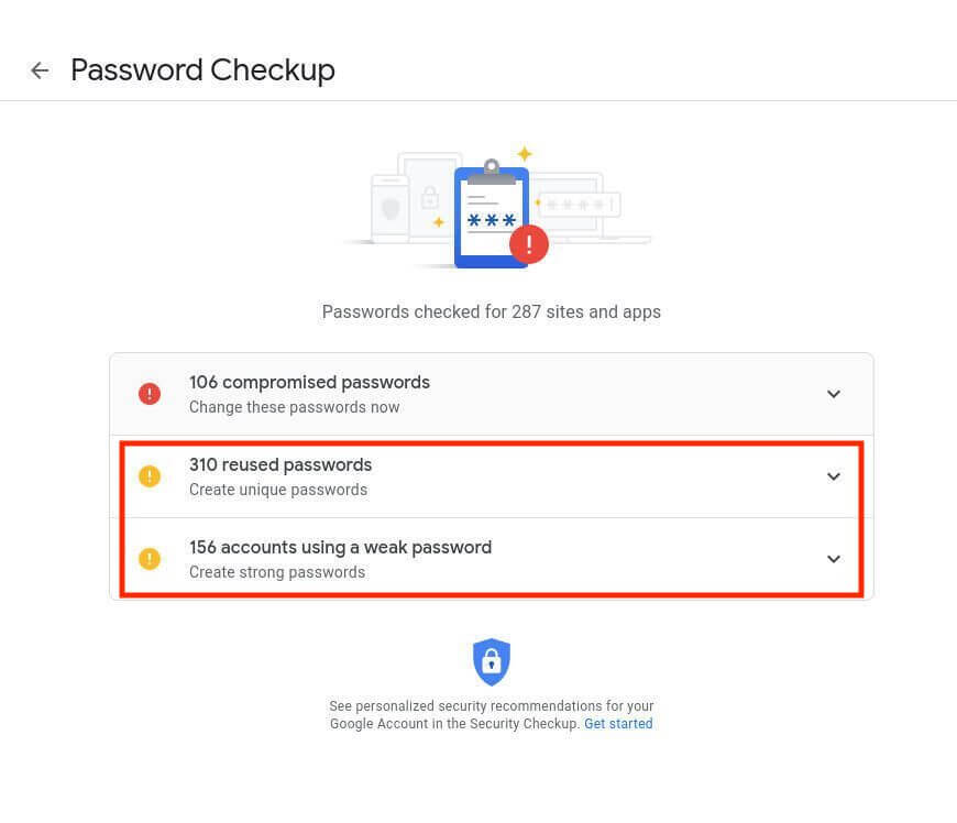 red box around the reused passwords and weak passwords categories in Google's password checkup feature