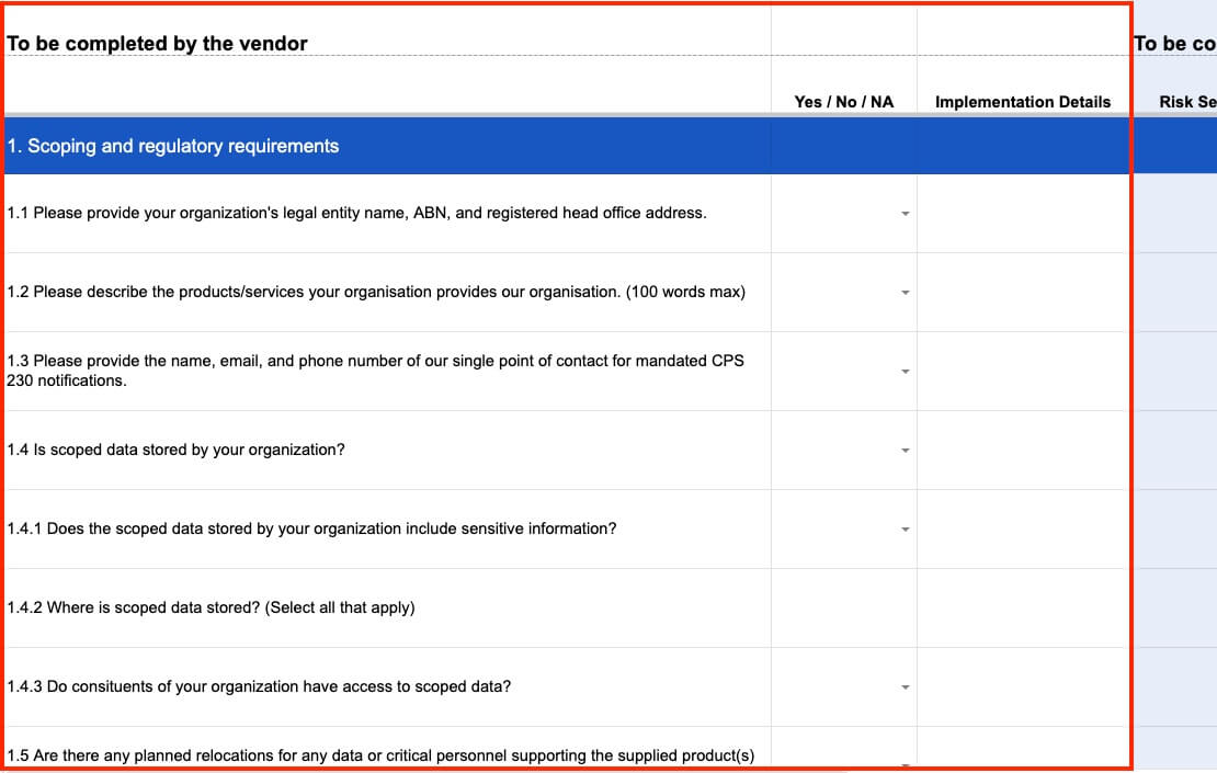 Vendor component of the CPS 230 MSP questionnaire template.
