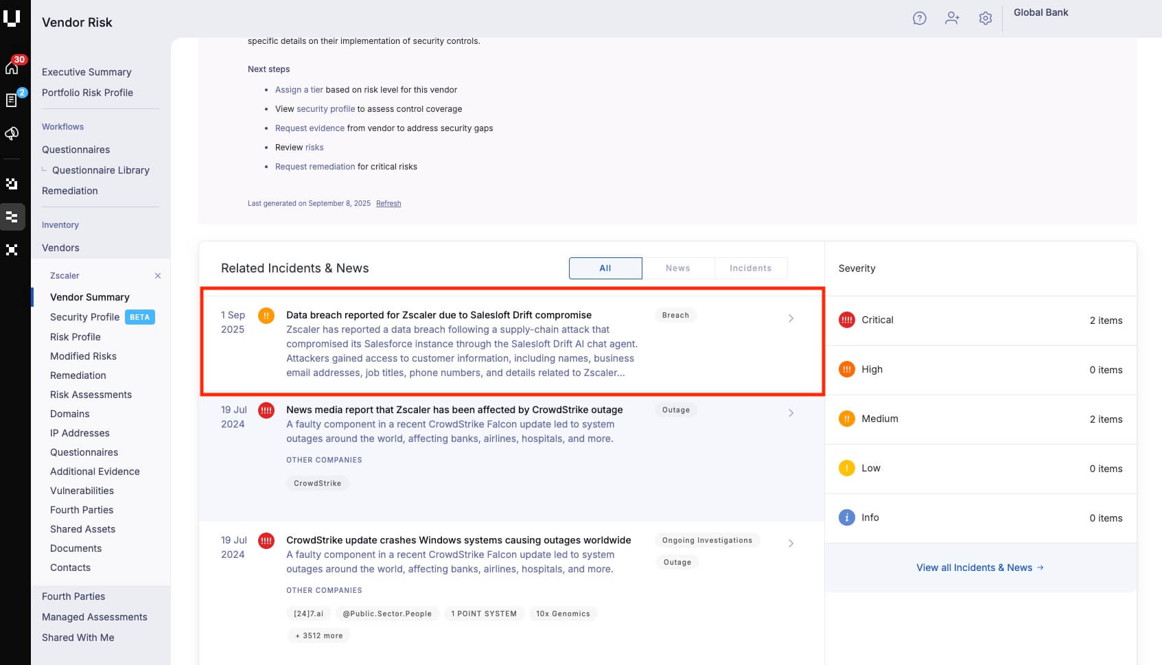 Salesloft Drift breach alert in UpGuard's incidents and news feed.