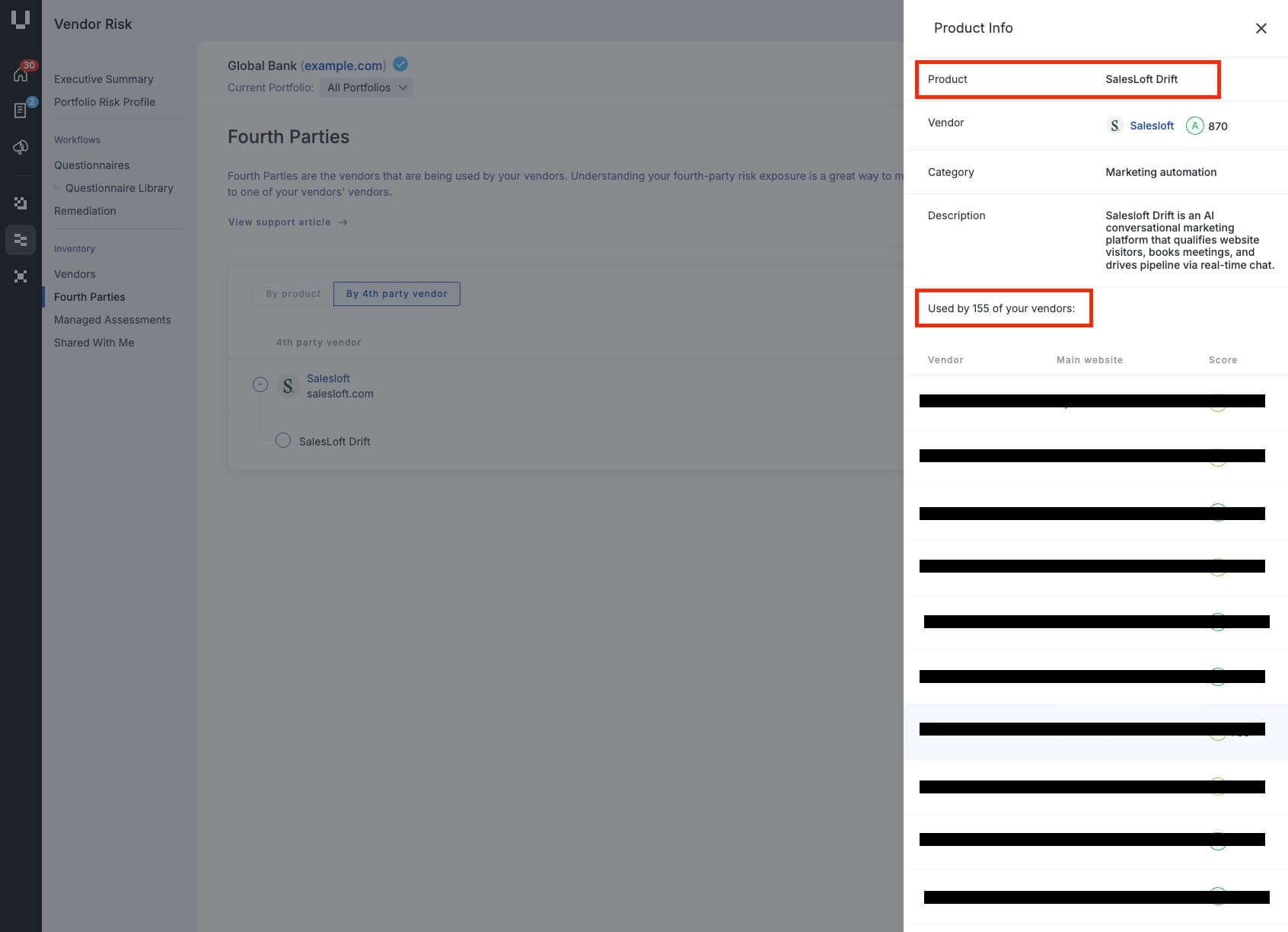 Salesloft Drft detected in the fourth-party vendor on the UpGuard platform.