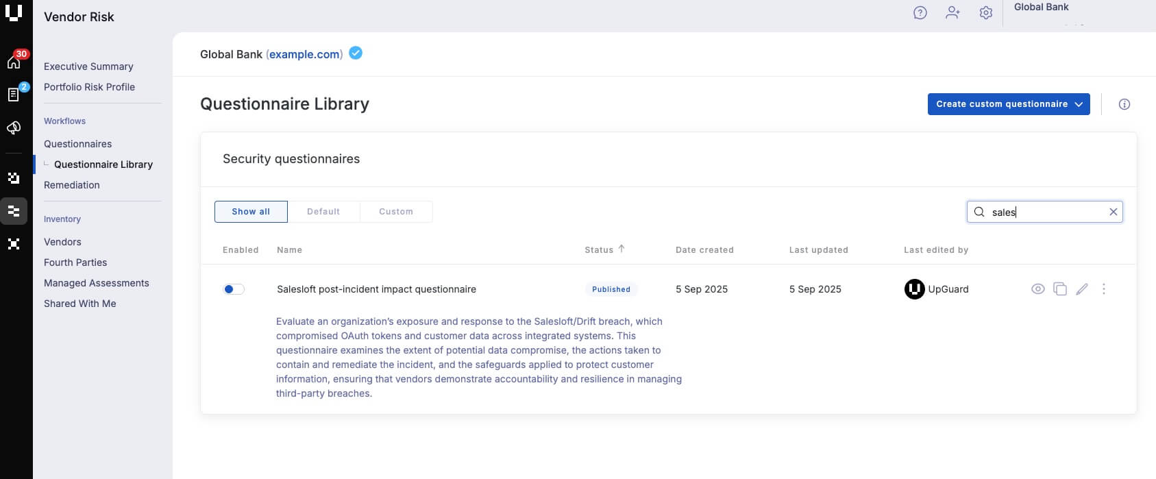 Customizable Salesloft post-incident impact questionnaire template on the UpGuard platform