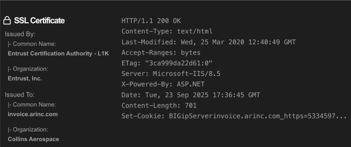 Screenshot of IIS 8.5 server registered to Collins Aerospace on the arinc.com domain.