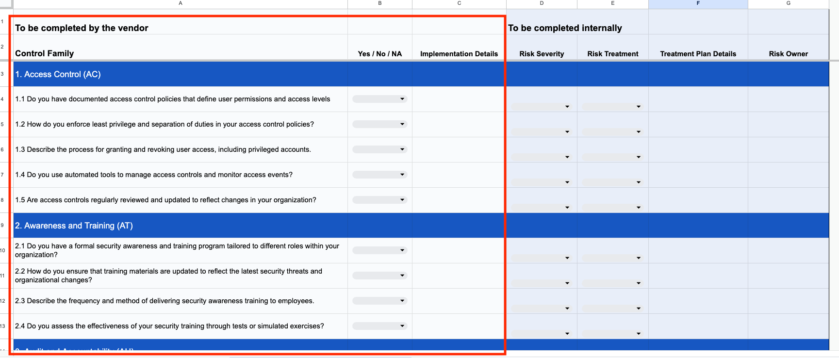 The section of a NIST 800-53 questionnaire template where a vendor indicates alignment with specific control families.