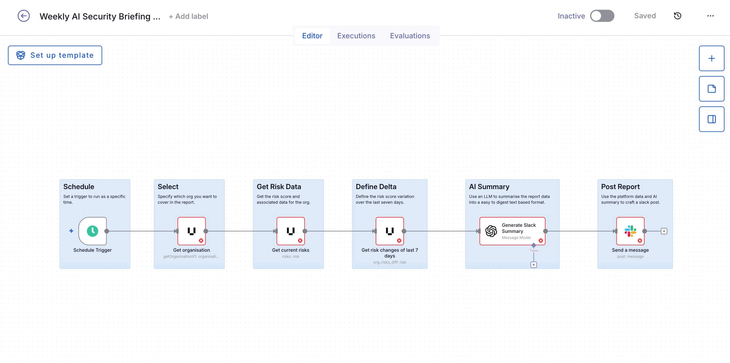 Example of an automated risk report generation workflow inside UpGuard Risk Automations.