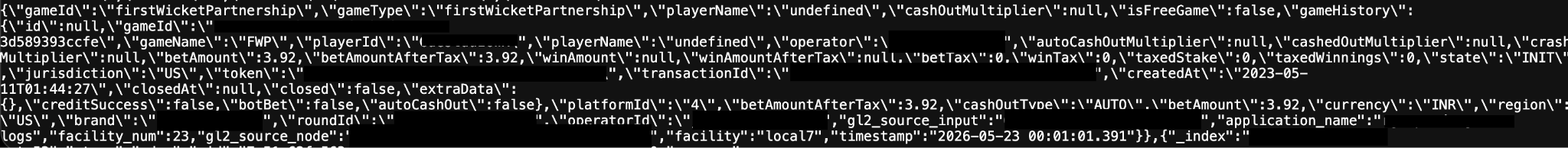Redacted record from publicly exposed illegal gambling operation log server.