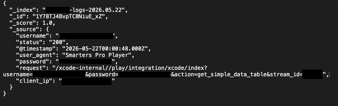 Redacted record from an exposed log of a pirate streaming operation. Credentials are plain text.