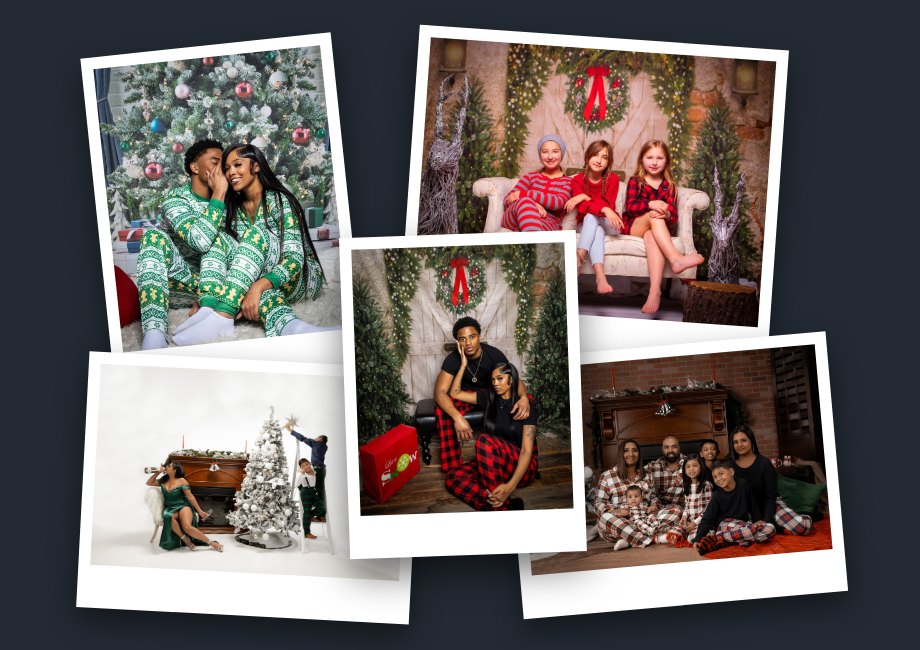 A collage of holiday portraits taken on Central Studio's different holiday sets