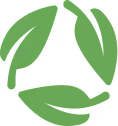 Green recycling symbol made of three stylized leaves forming a triangle.