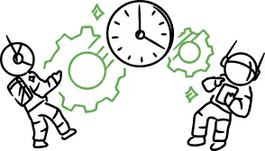 Two stylized green gear icons with small decorative diamond shapes around them on a white background.