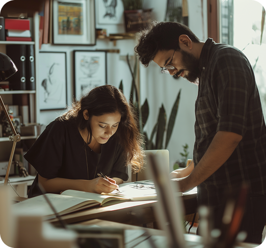 Two people working together on sketches in a well-lit creative studio with art on the walls.