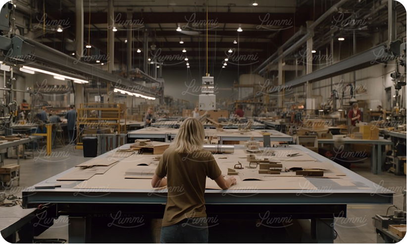 Person with long blonde hair working at a large table covered with cardboard templates in a spacious industrial workshop.