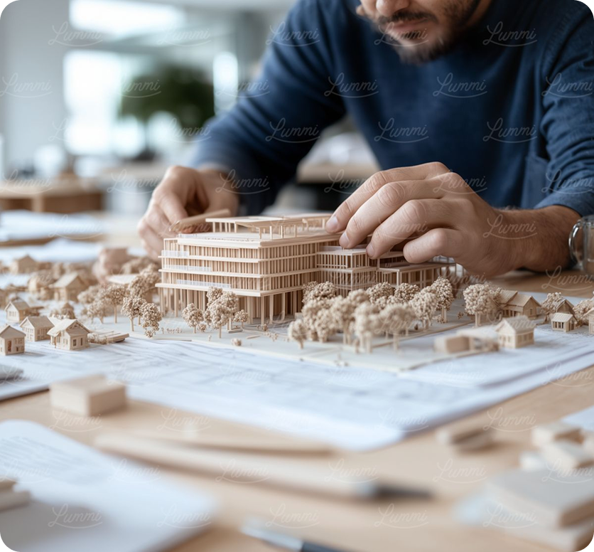 Architect adjusting a detailed wooden architectural scale model of a multi-story building surrounded by trees and smaller houses on a table.