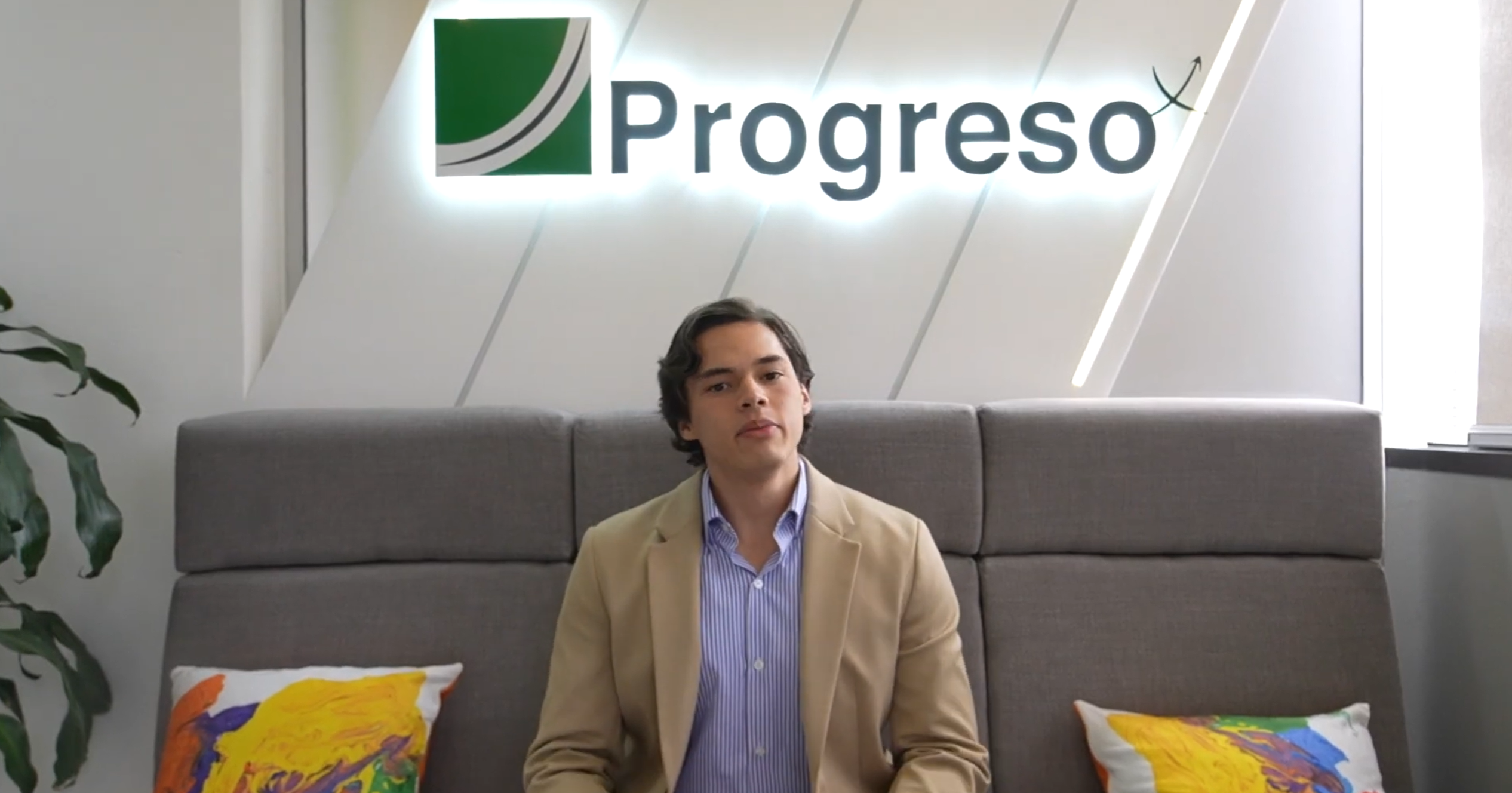 Modern open office space with white desks and chairs, green plants dividing workstations, colorful carpet area, and ceiling lights with exposed pipes.