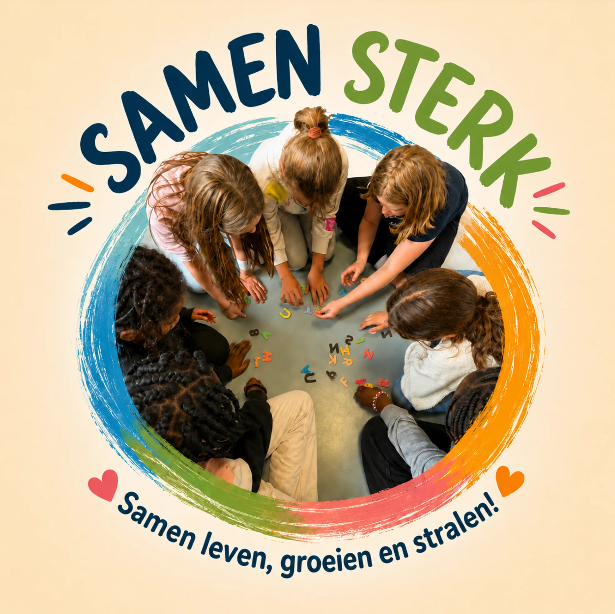 Leerlingen zitten samen in een kring, beeld bij het jaarthema Samen sterk
