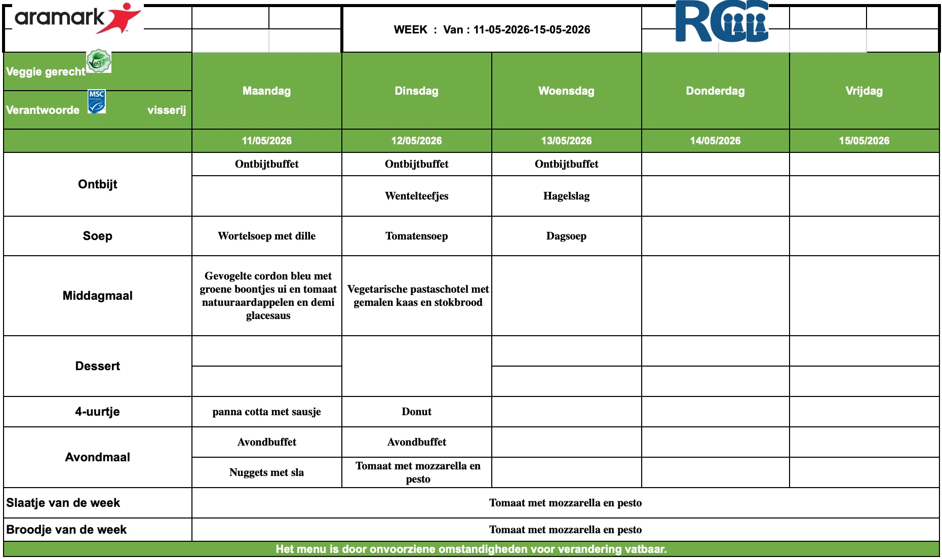 Voorbeeld van het weekmenu van RC Internaat