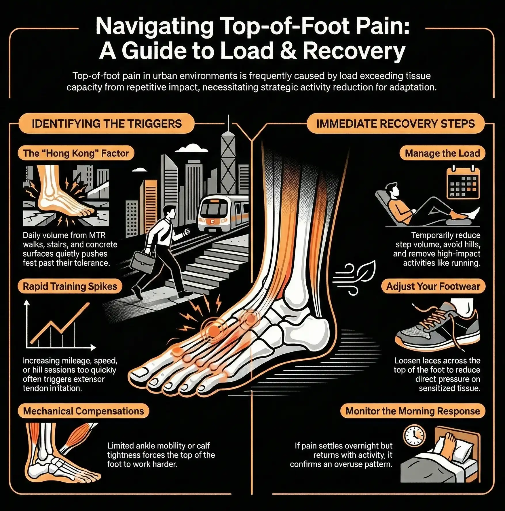 Infograph to explain and guide clients on load & recovery from top of foot pain.