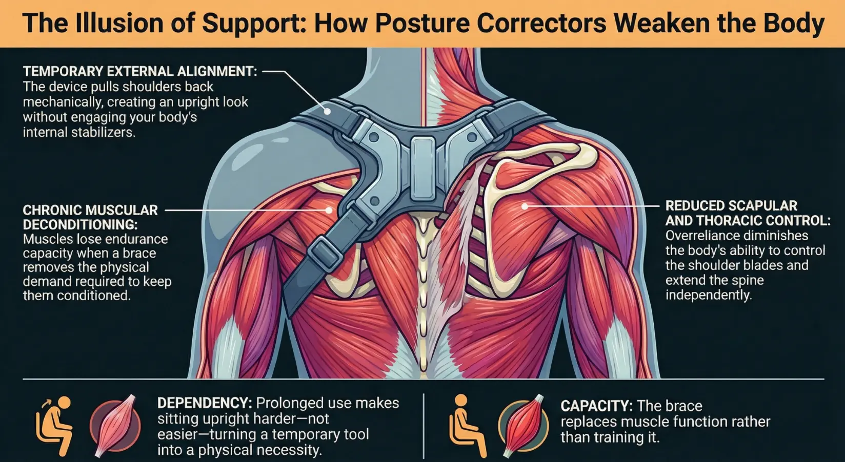 A Infograph about how posture corrector weakens the body.corrector