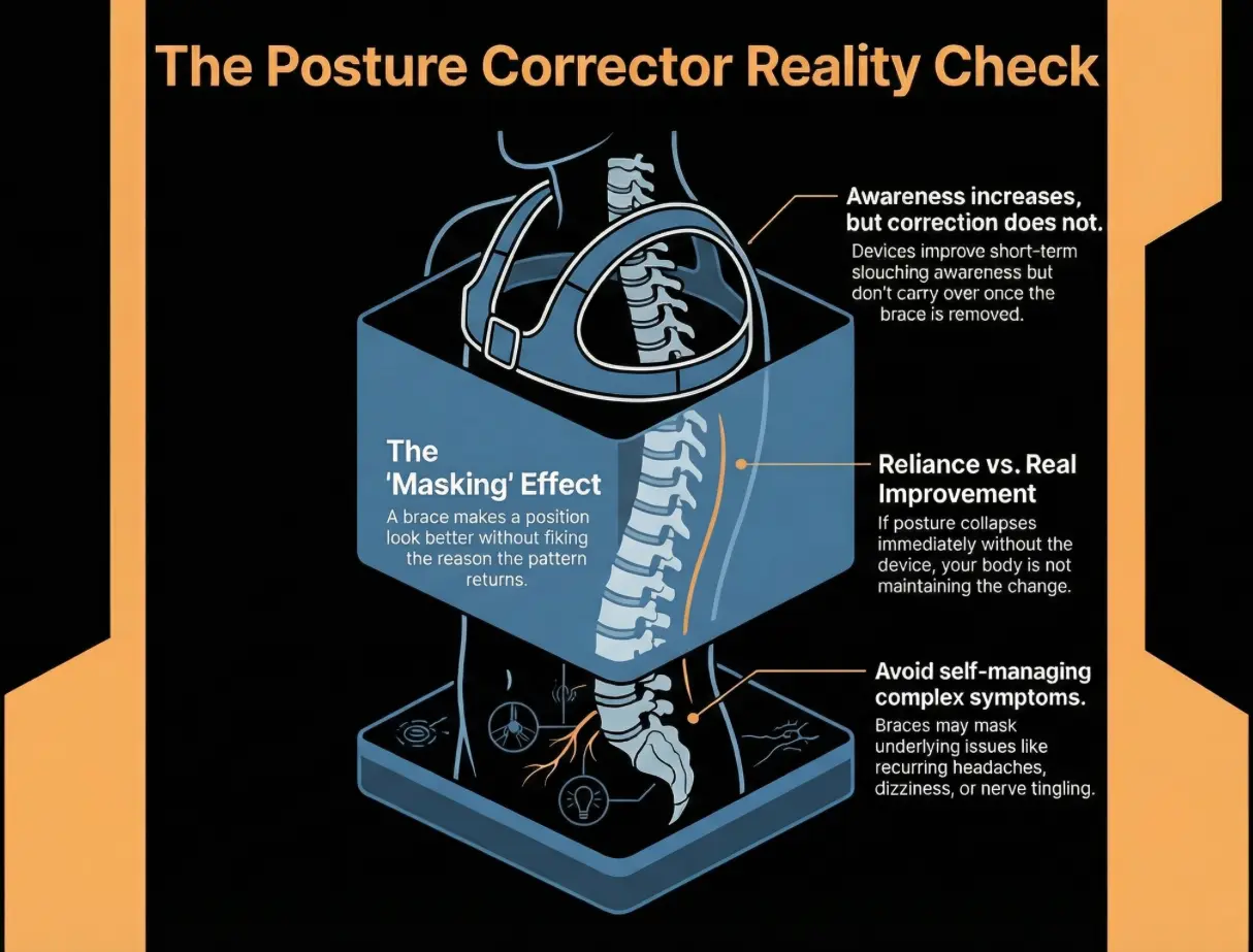 A infograph explaining if posture corrector actually works and how it seems like it doesnt.
