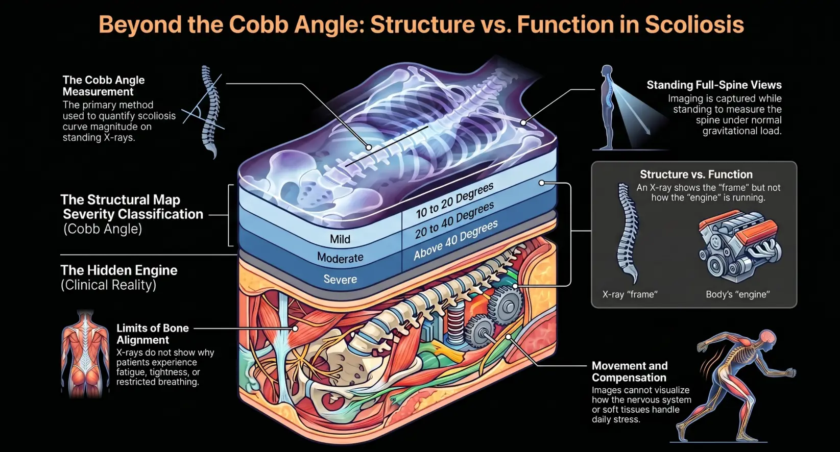 How X-Ray Images are used. Hw the cobb angle shows structure vs function in scoliosis