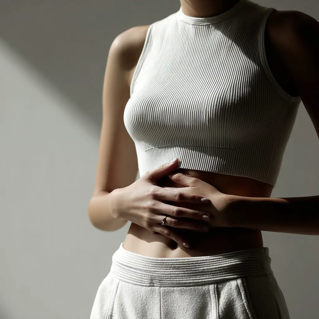 Hands resting on the stomach, chiropractic support for gut health in Central, Hong Kong