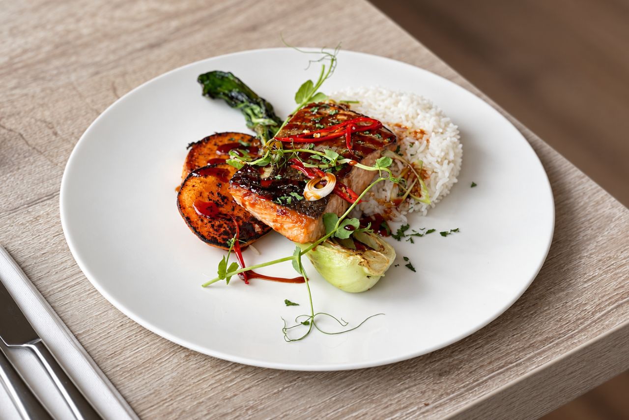 Salmon teriyaki at Cafe Grand, Grasmere
