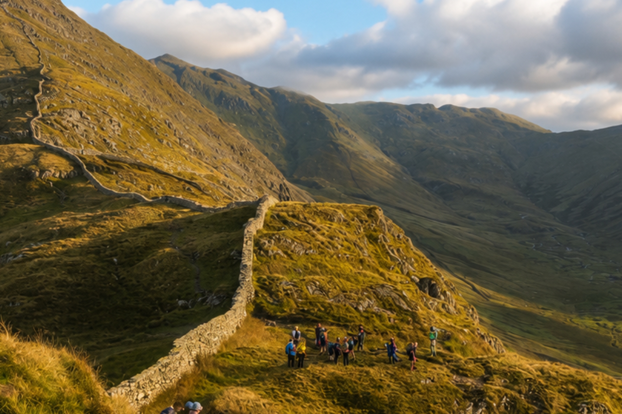 Walker traversing the Fairfield Horseshoe ridge with panoramic views across the Lake District fells and valleys.