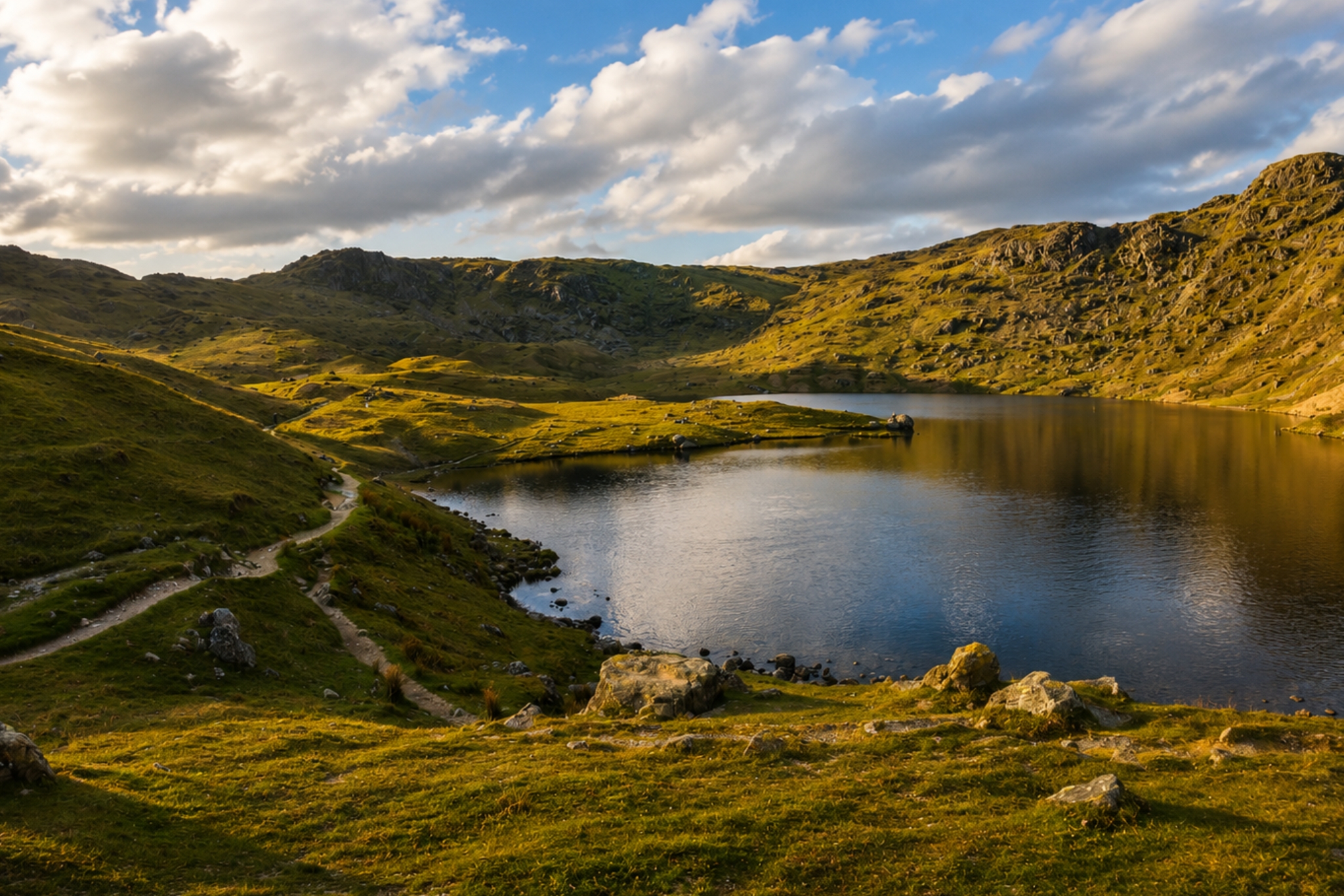 Easedale Tarn surrounded by rugged hills and mountain scenery, reached via a scenic walking route from Grasmere.
