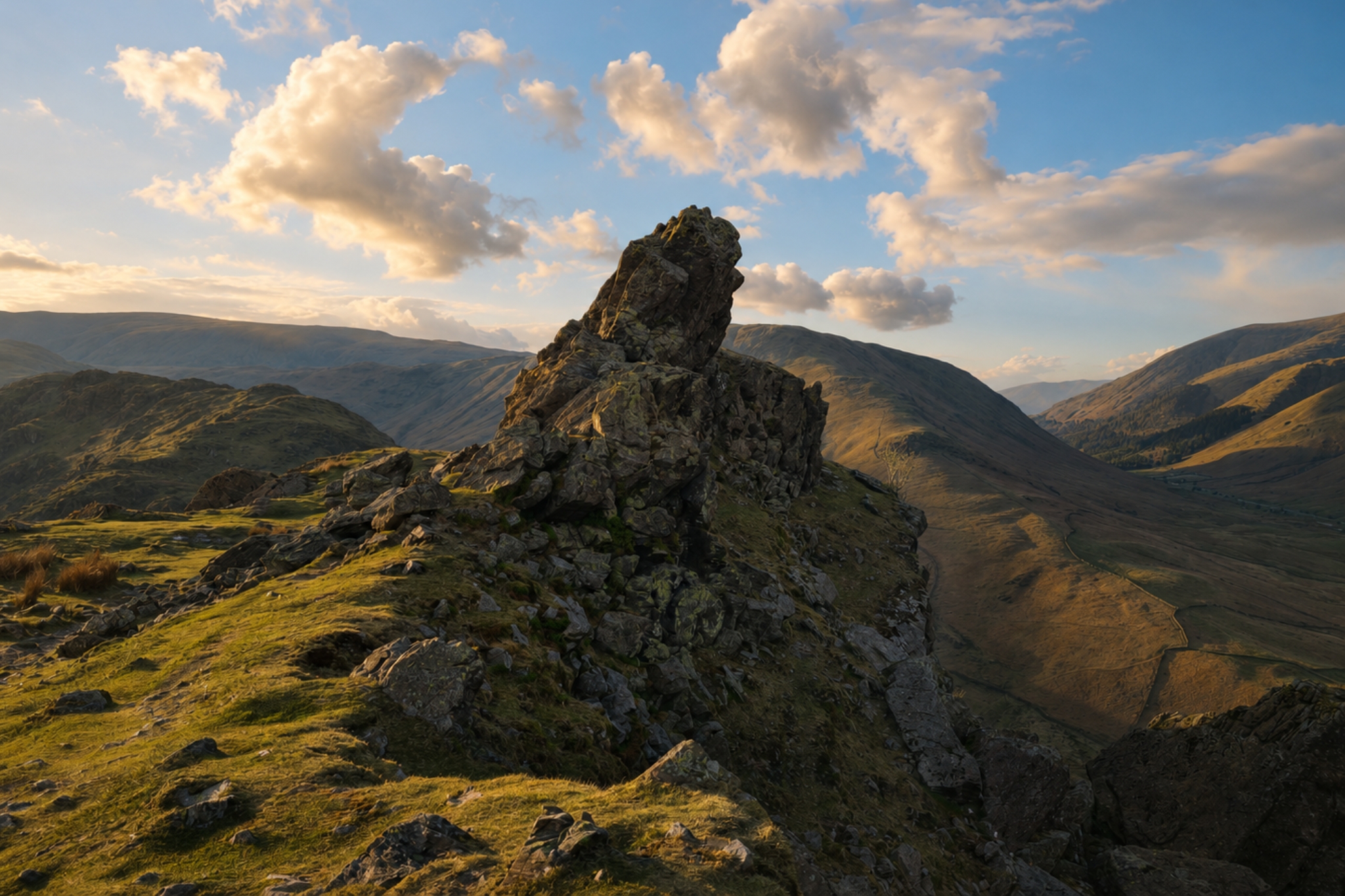 The summit of Helm Crag above Grasmere with panoramic views across the surrounding Lake District fells.