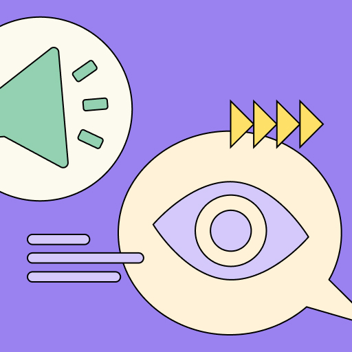 Grafische Darstellung mit einem Lautsprecher, einem Auge und Pfeilen. Der Hintergrund ist lila, die Symbole stellen einen Screenreader dar.