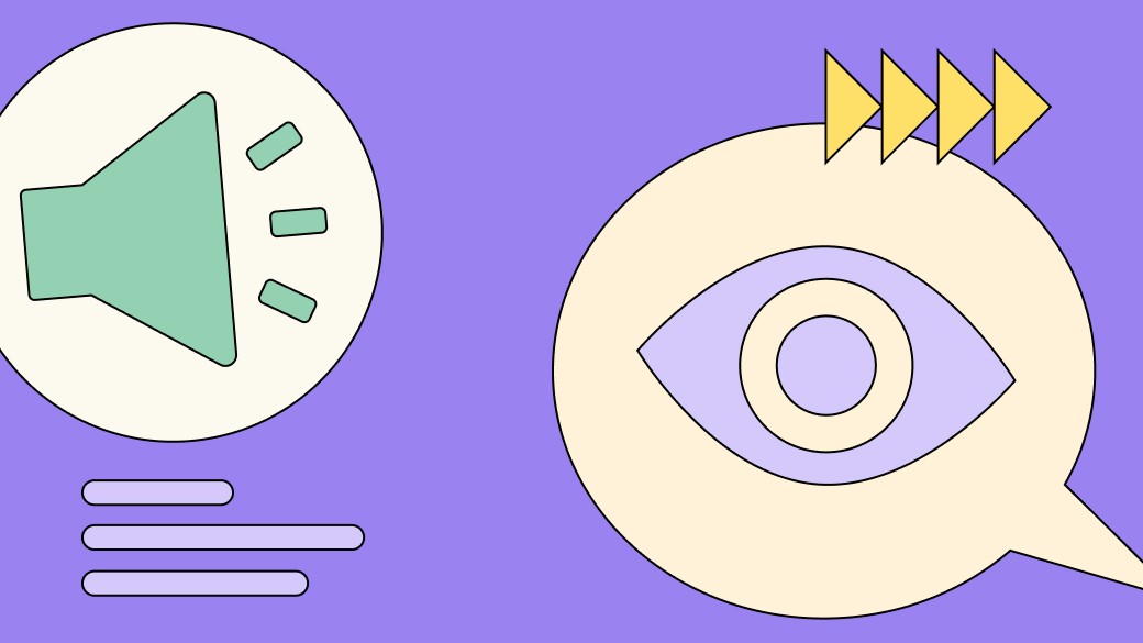 Grafische Darstellung mit einem Lautsprecher, einem Auge und Pfeilen. Der Hintergrund ist lila, die Symbole stellen einen Screenreader dar.