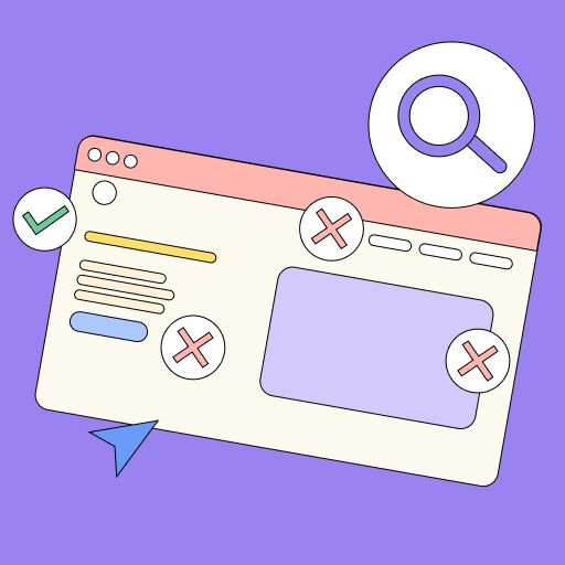 Illustration eines Browserfensters mit Symbolen für Verstöße und bestandene Tests zur digitalen Barrierefreiheit