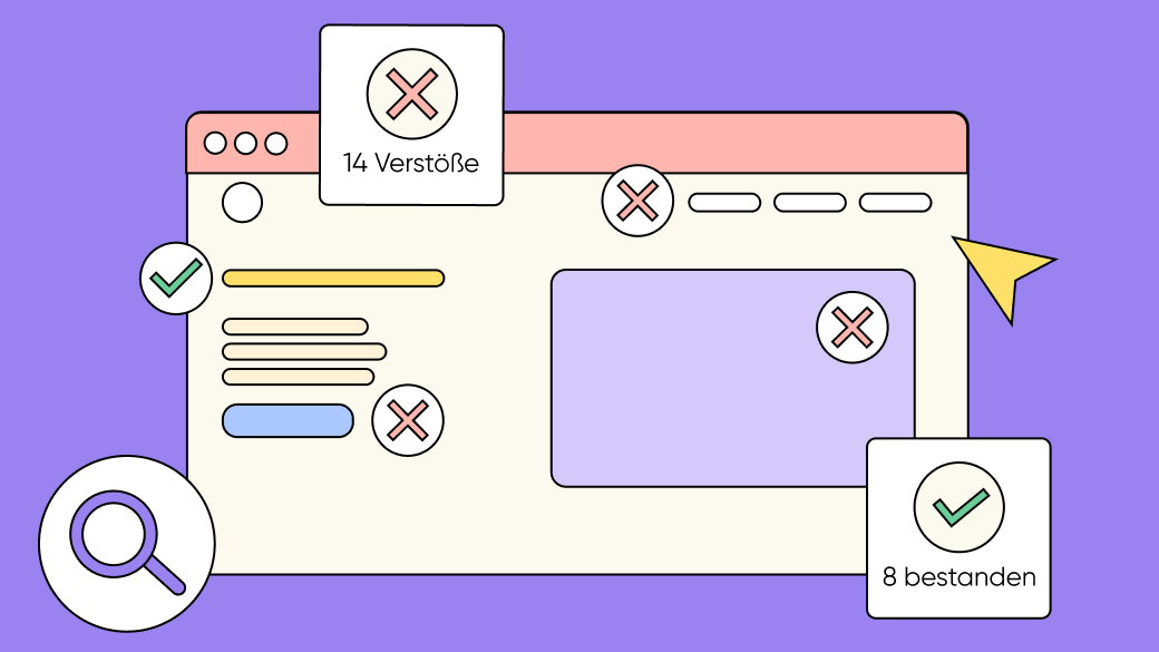 Illustration eines Browserfensters mit Symbolen für 14 Verstöße und 8 bestandene Tests zur digitalen Barrierefreiheit