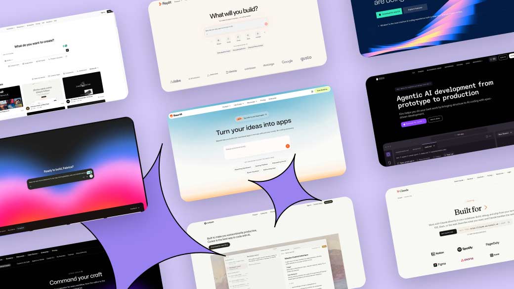 Collage verschiedener KI-gestützter Coding-Tools auf lila Hintergrund, darunter Replit, Base AI, Cursor und Claude – mit Schlagzeilen wie „What will you build?", „Turn your ideas into apps" und „Agentic AI development from prototype to production