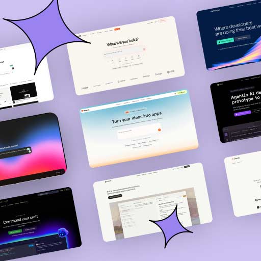 Collage verschiedener KI-gestützter Coding-Tools auf lila Hintergrund, darunter Replit, Base AI, Cursor und Claude – mit Schlagzeilen wie „What will you build?", „Turn your ideas into apps" und „Agentic AI development from prototype to production