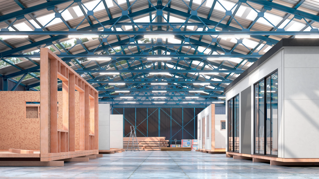 Interior of a large industrial warehouse with blue steel beams, housing partially constructed modular buildings on a polished concrete floor.