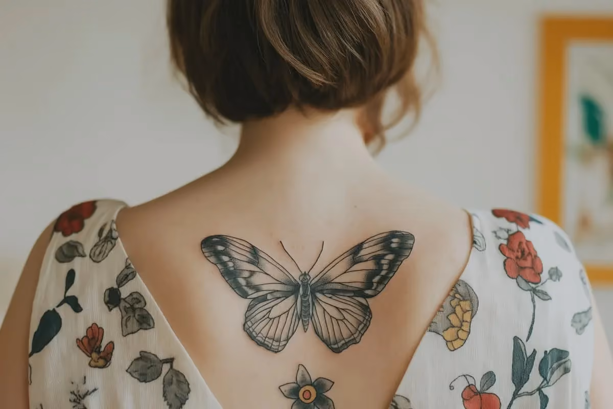 Butterfly tattoo on a person's upper back before tattoo removal treatment