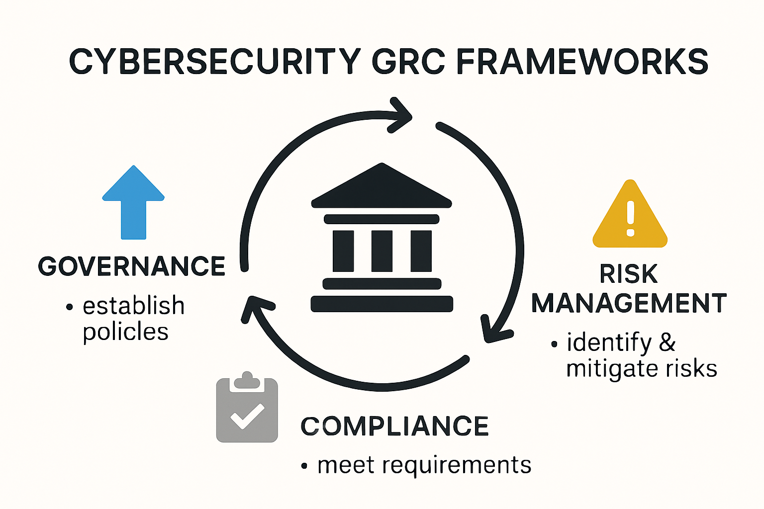 Infographic showing cybersecurity GRC framework components and their interactions