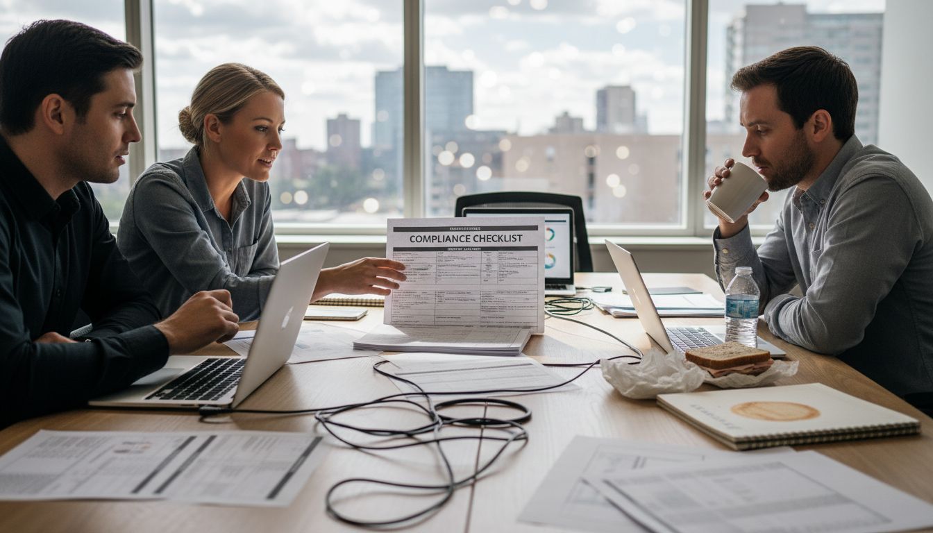 Security team discussing compliance checklist documents