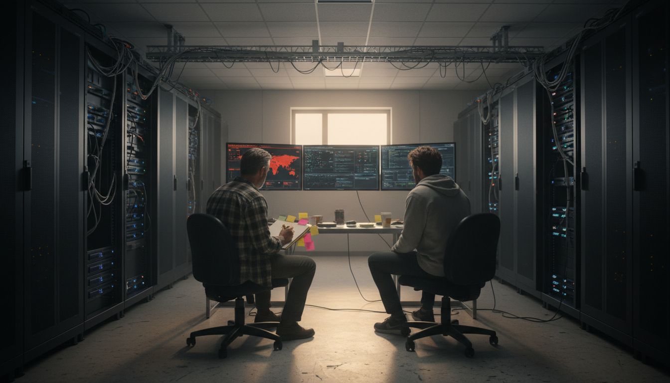 Analysts monitoring IT security in server room