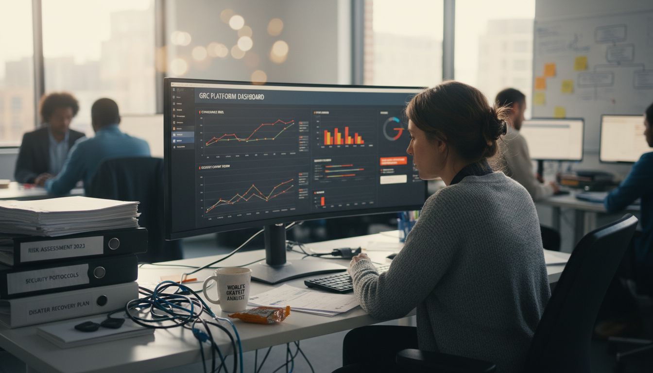 Analyst reviewing GRC dashboard at desk