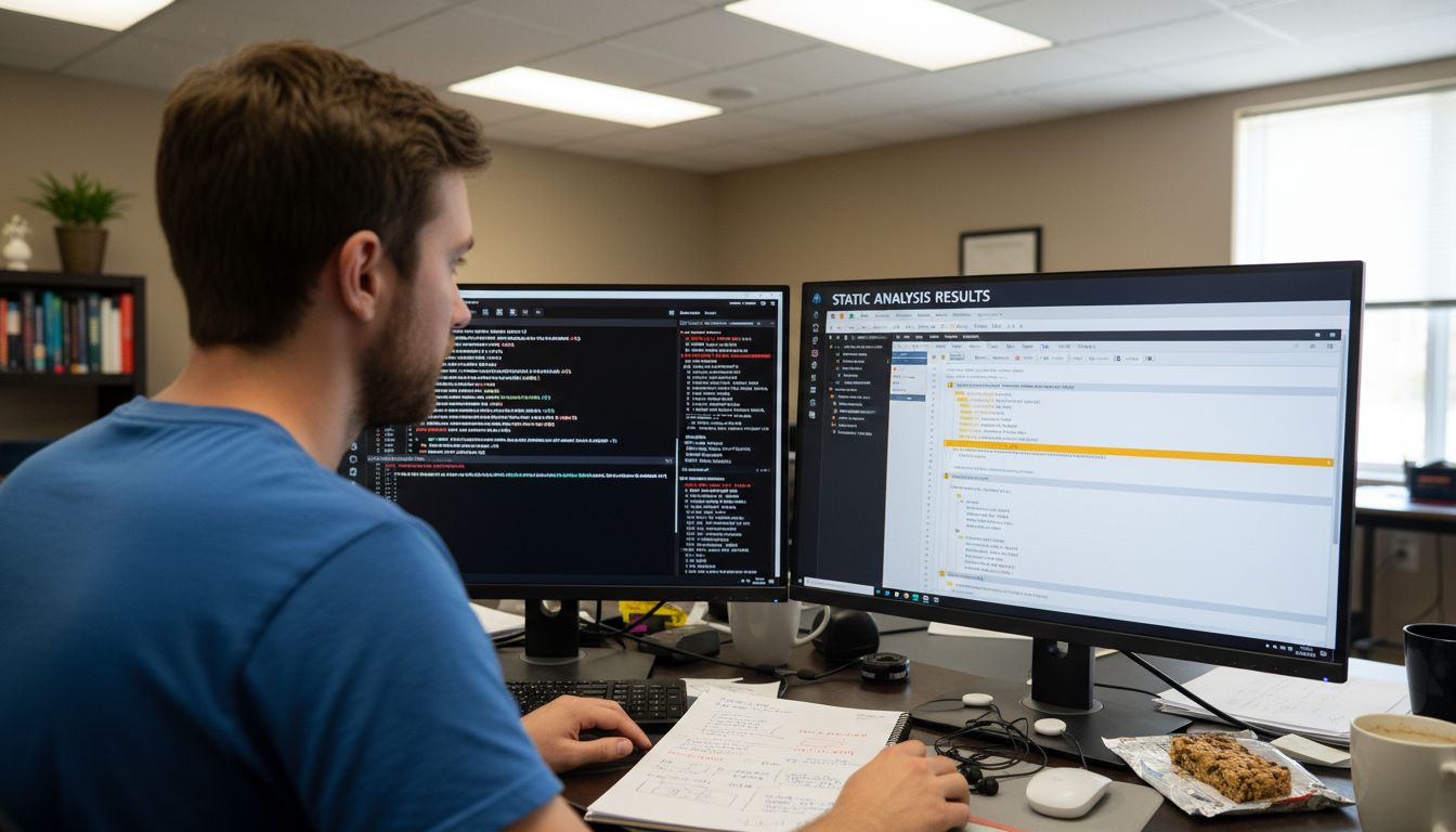Engineer checks code security on computer