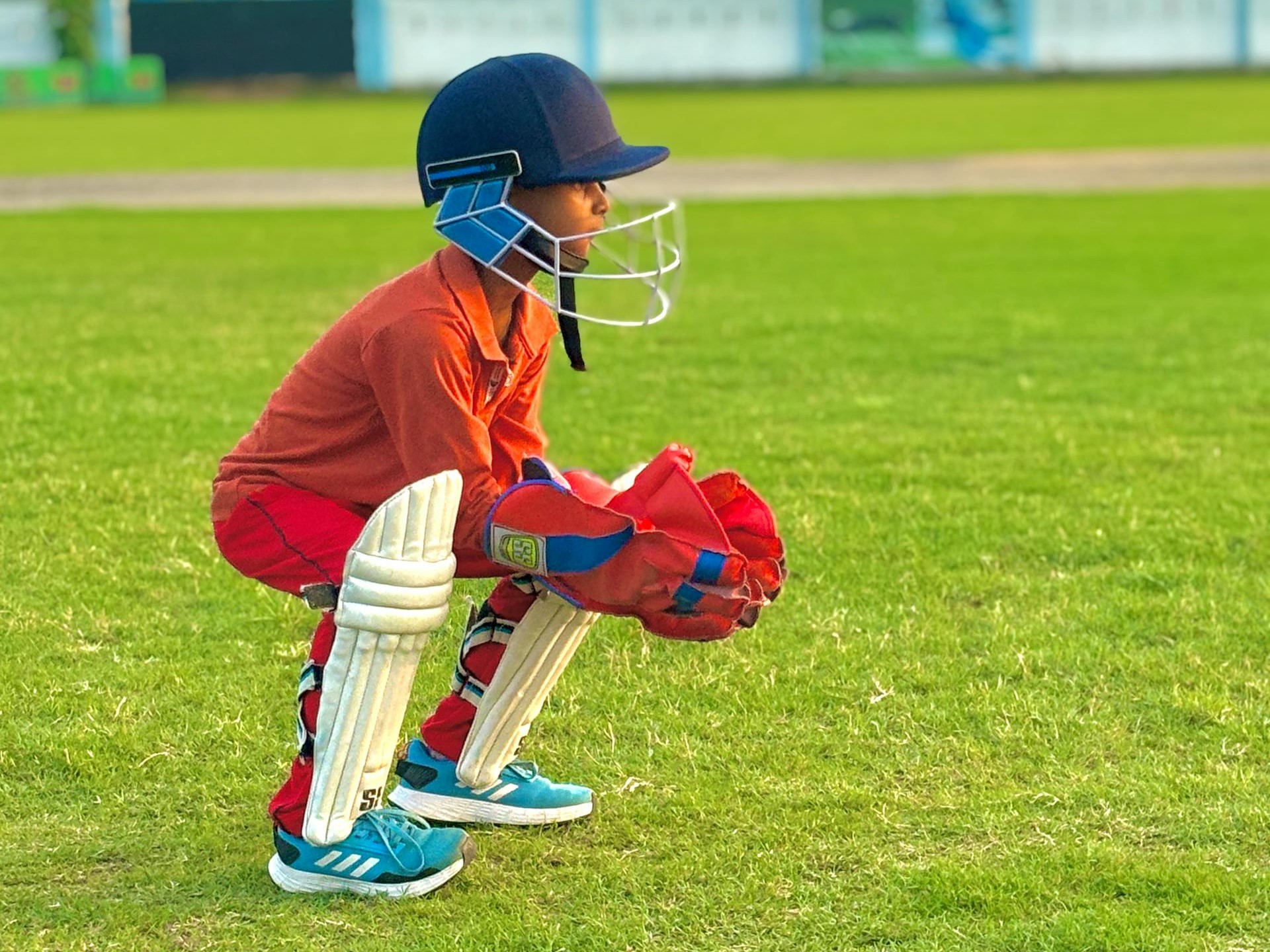 a young boy in a wicketkeeper's helmet, gloves and pads holding a fielding stance on a cricket field