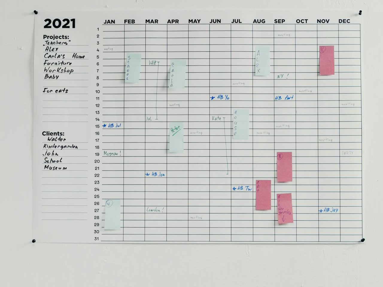 an annual schedule with notes written and post-its stuck on it