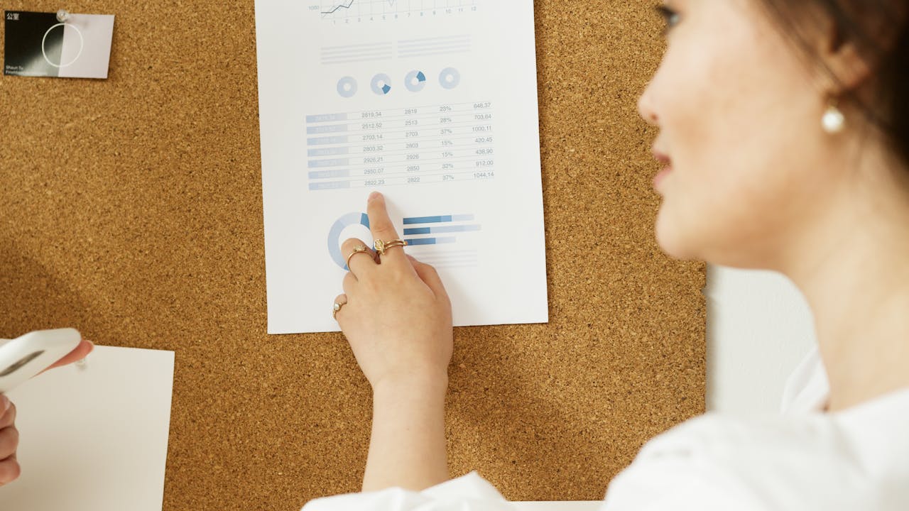a lady pointing at a paper displaying figures, graphs and charts