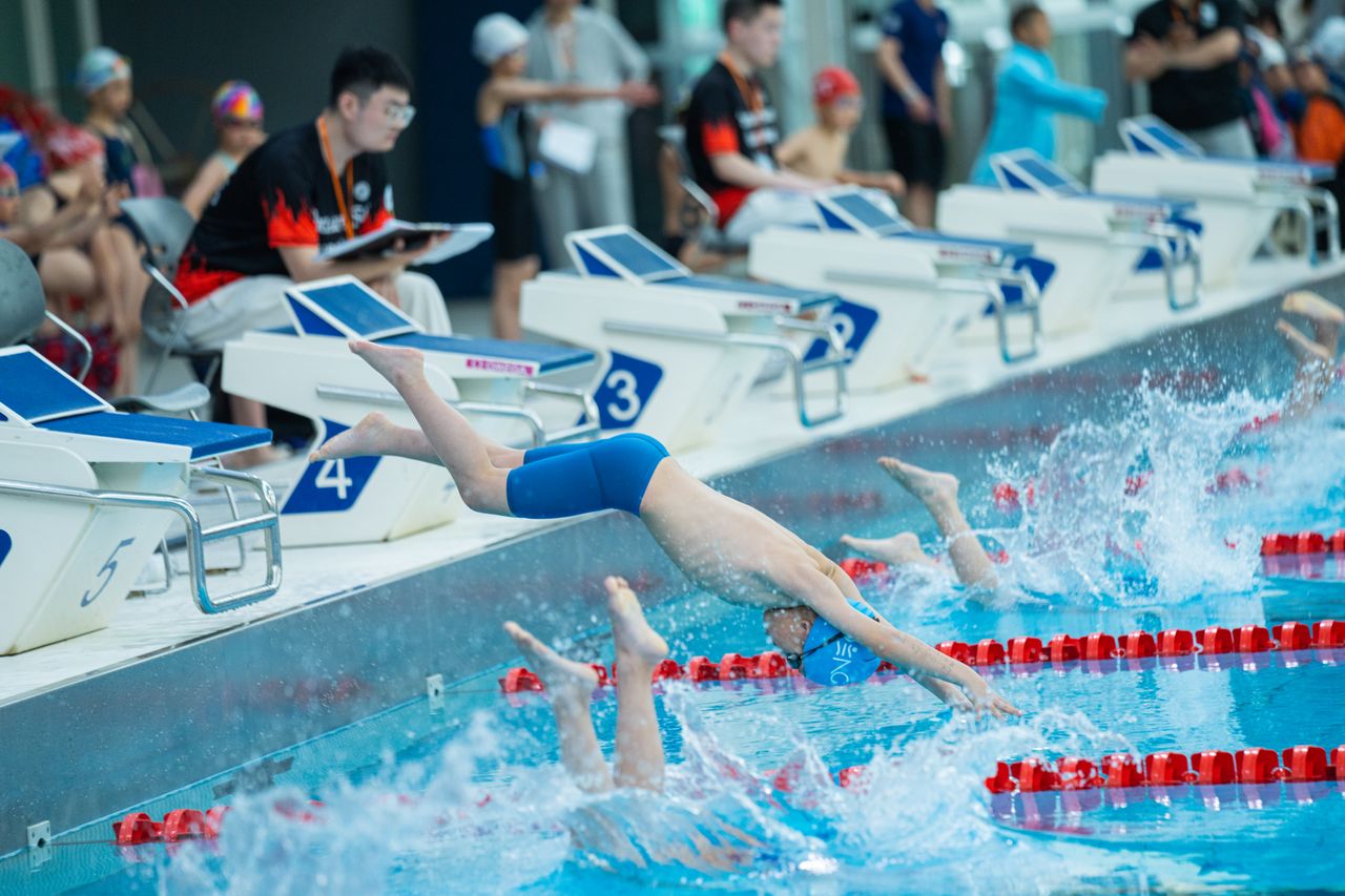 swimmers diving into the pool during a competition while instructors in the back take notes