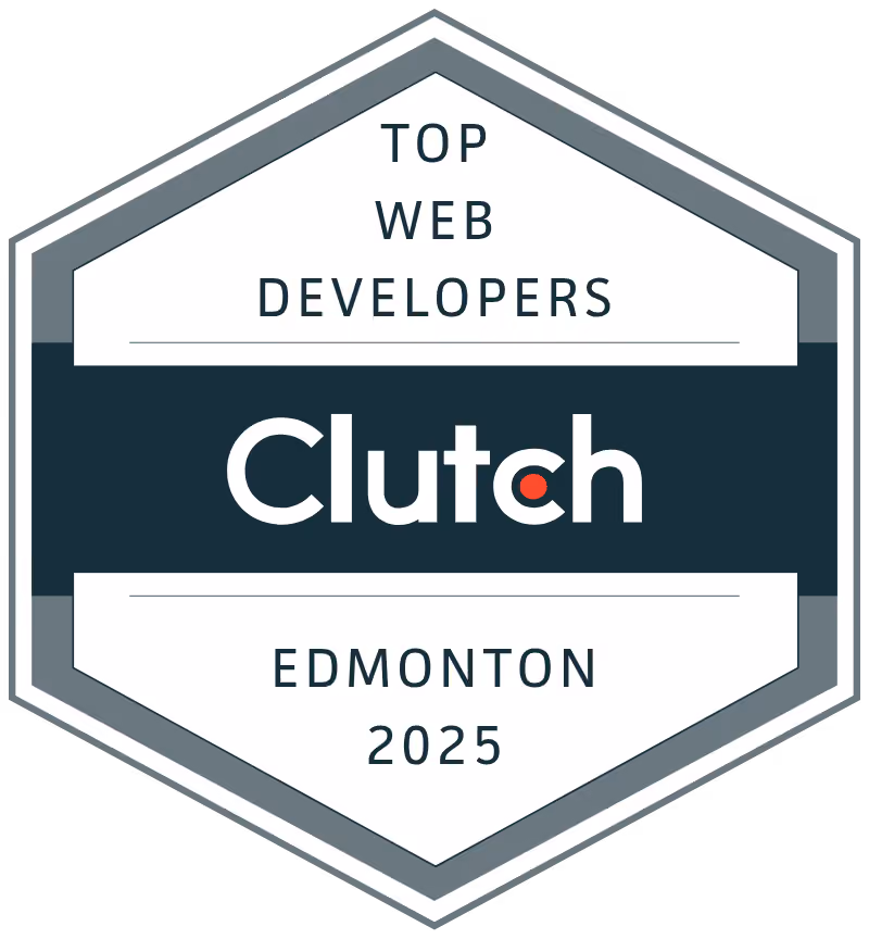 Hexagonal badge with the text Top Web Developers Clutch Edmonton 2025, featuring Clutch logo with red dot in the center of the letter c.