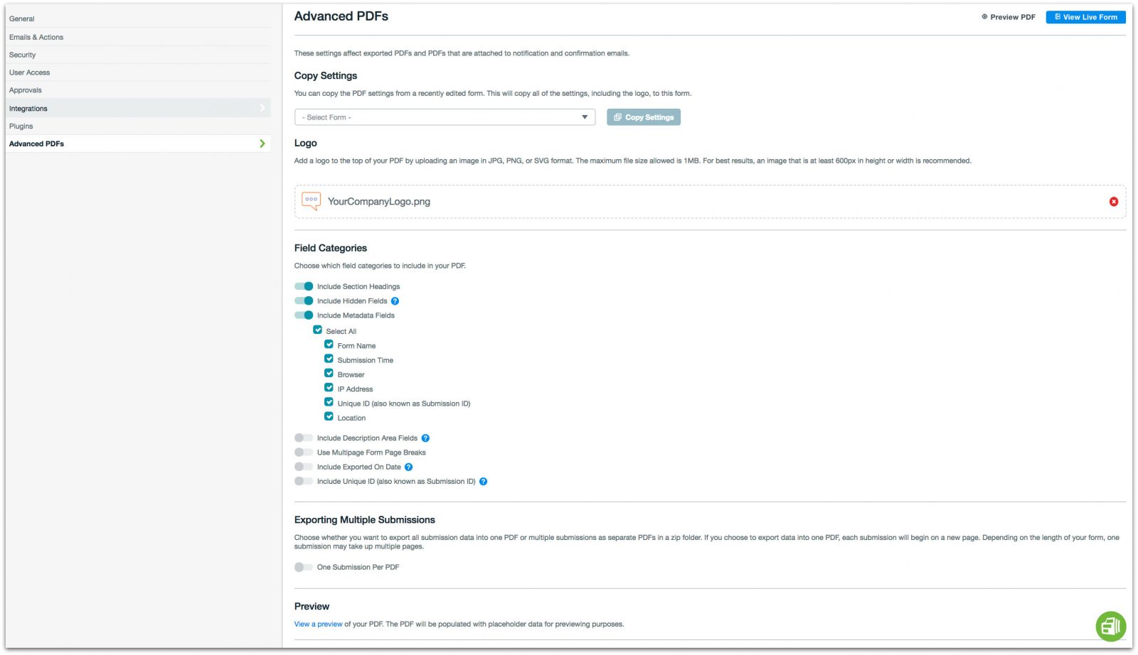 Formstack Advanced PDF Settings